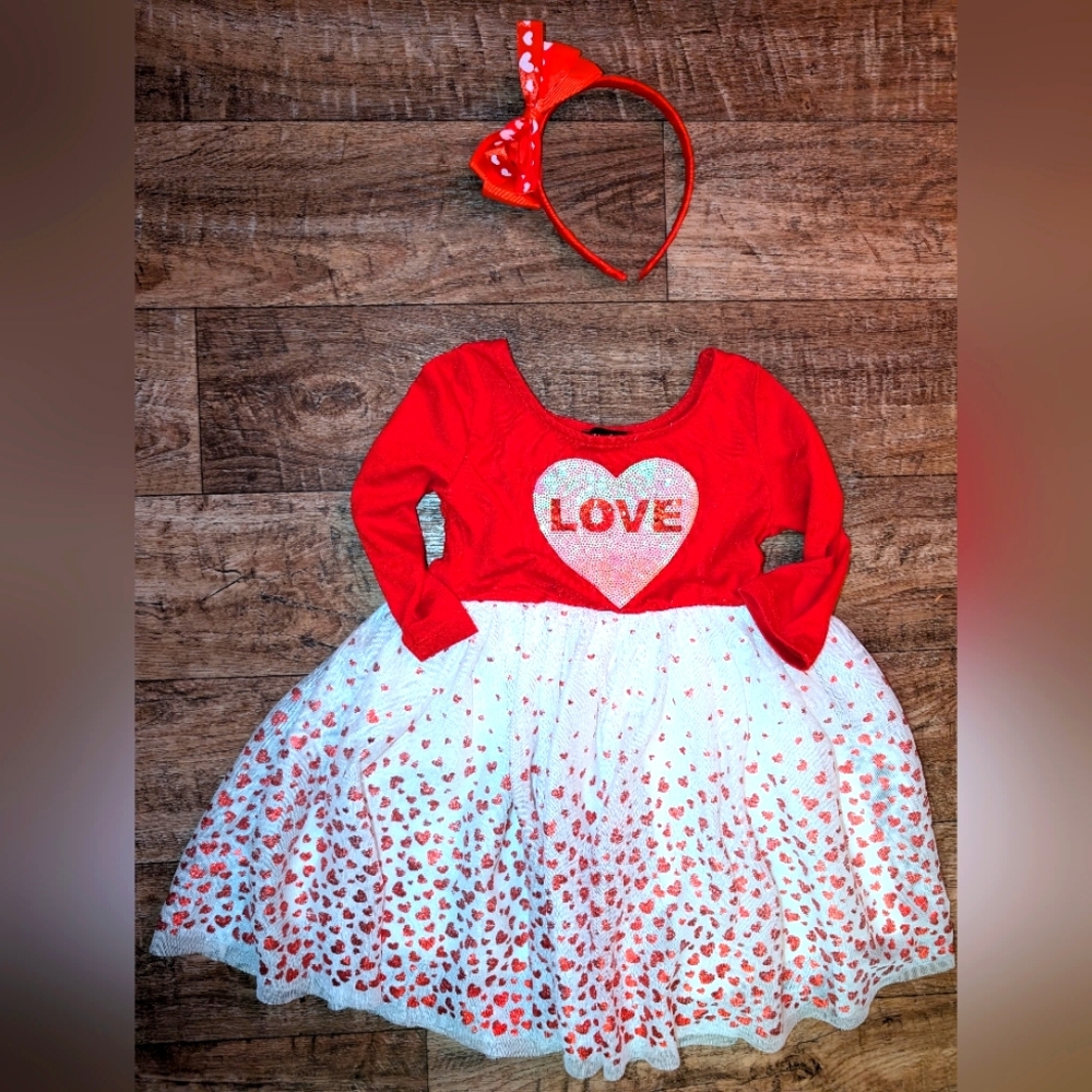 Zunie red and white hearts tutu dress size 2T VGUC for light pilling + headband